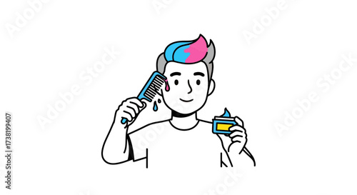 Illustrative artwork depicting a person styling uniquely colored hair with product and comb