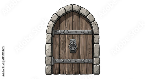 Illustration of an isolated wooden door framed with stone and medieval style lock and hinges