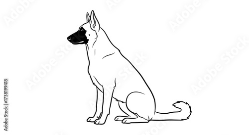 Illustrative canine companion, meticulously outlined, standing against minimalist white backdrop,