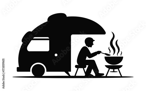 Camping silhouette of person cooking outside rv adventure