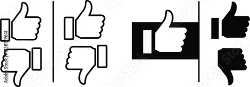 Thumbs up and down icon set, approval and rejection symbols, outline and filled styles, feedback concept, vector design, black and white graphic