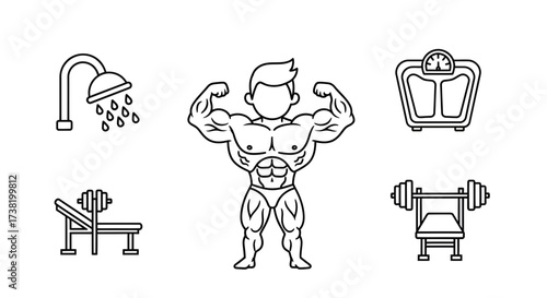 Line art illustration showcasing fitness routine elements and muscular physique
