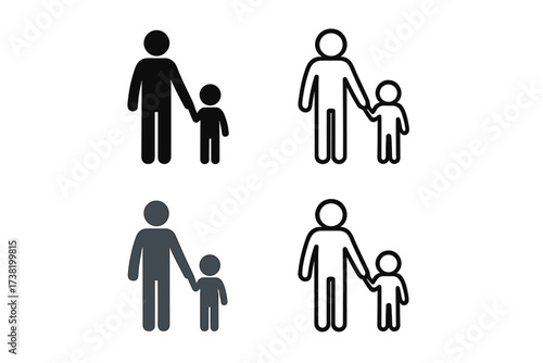 Human adult and child holding hands icon set, vector graphic illustrations in multiple styles, symbolizing humanitarian aid, child adoption, family bonds, social support, child welfare