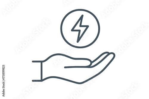 Hand holding electricity energy symbol line icon. Sustainable energy concept for saving power, renewable resources, green technology, and eco-friendly electricity use illustration.