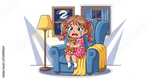 Little upset girl sitting on armchair, embracing teddy bear, with tears in her eyes waiting for