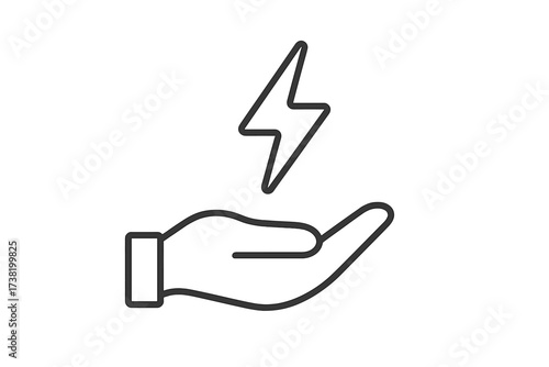 Hand holding electric energy lightning bolt icon, vector thin line illustration for electricity, energy saving, sustainability, renewable alternative power sources concept