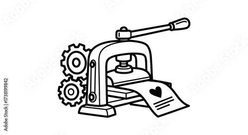 Mechanical heart press illustration symbolizing love crafting and automated emotion generation