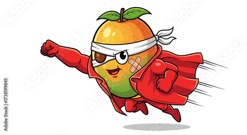 Mango superhero character cartoon illustration with cape mask and bandages for a design element