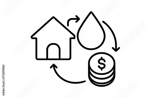House water payment concept icon. Vector thin line illustration with water drop, arrows, coins. Water bill, utility payment, home finance, money transaction, finance icon