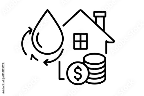 House water bill payment icon. Vector thin line illustration with water drop, arrows, and coins, home utility cost, water expense concept, payment symbol, transparent background.
