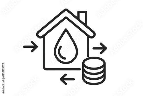 House Water Bill Payment Icon with Water Drop, Coins, Arrows, and Transparent Background. Vector Illustration of Utility Cost, Home Finance, and Water Expense Management