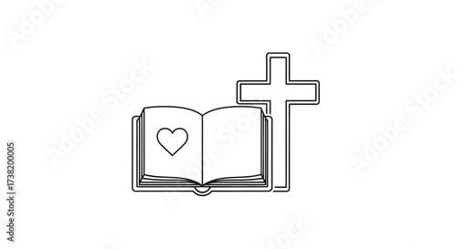 Minimalist outline illustration of a book with a heart alongside a cross symbol