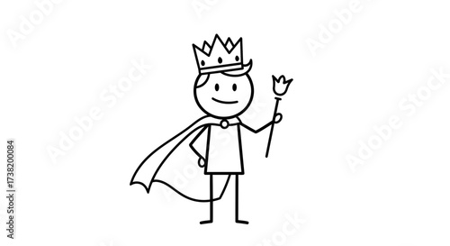 Minimalistic monochrome illustration of a stylized king with crown and cape wielding a flower