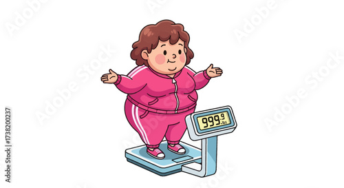 Overweight cartoon woman standing on a scale showing a weight of 999.9 pounds isolated on white