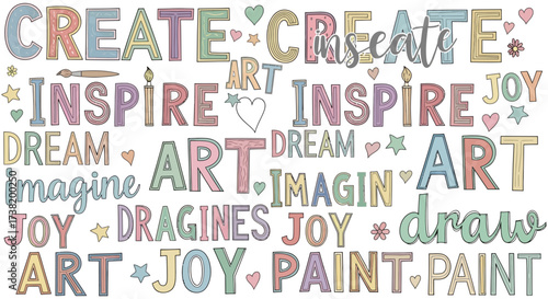 Pastel Creativity: A Motivational Word Collage for Artistic Inspiration and Joyful Expression
