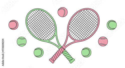 Pastel tennis equipment arrangement featuring racquets and balls on a white isolated backdrop