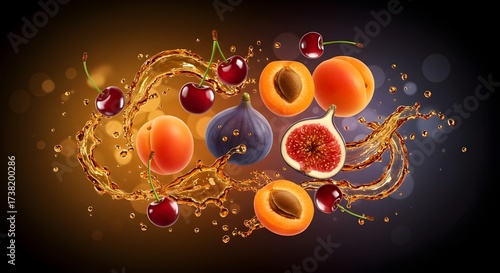 Surreal Artistic Composition of Floating Brandied Fruits | Liquid Brandy Splash