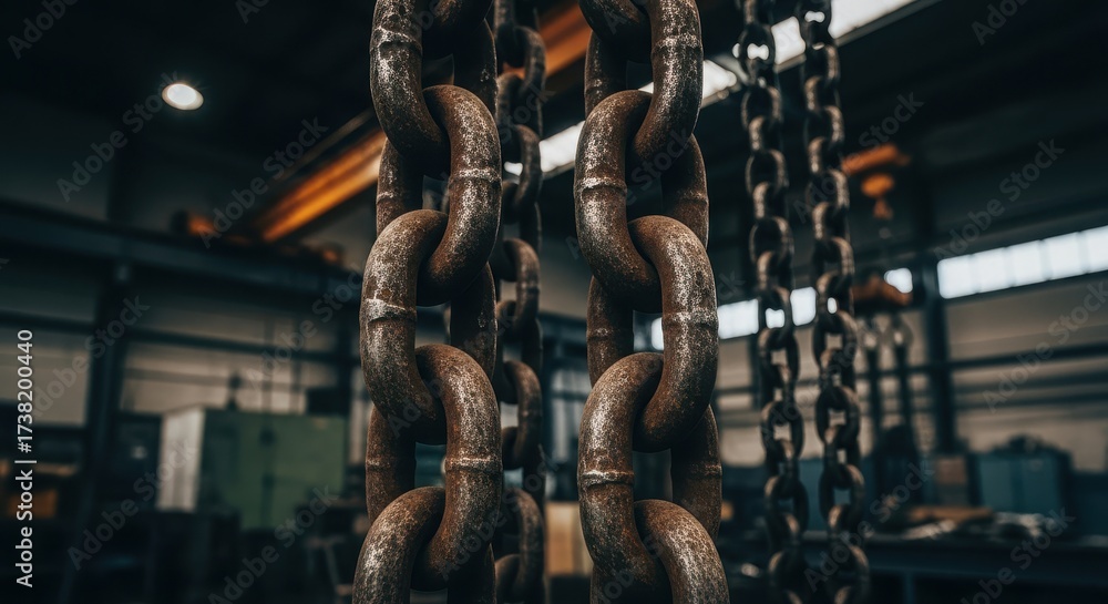 Naklejka premium Close up of Rusty Chains Hanging In Industrial Space