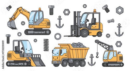 Playful construction vehicles pattern featuring cute illustrations for children's products or