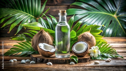 Wallpaper Mural A bottle of clear coconut oil surrounded by whole and halved coconuts and tropical palm leaves on a rustic wooden surface Torontodigital.ca