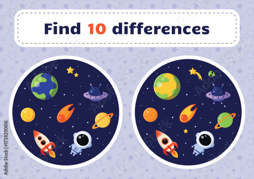Logic game for kids. Find ten differences. Space theme : planets, astronaut, spaceship, comet, ufo, stars. Educational matherials.Educational logical game for kids. Vector illustration.
