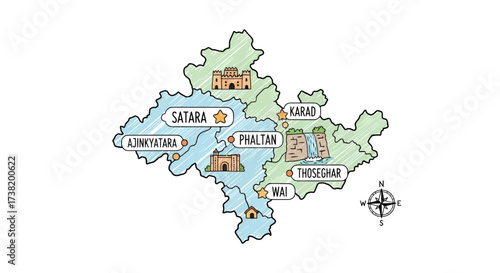 Satara District Map Illustration: Captivating Tourist Destinations and Key Locations Showcase