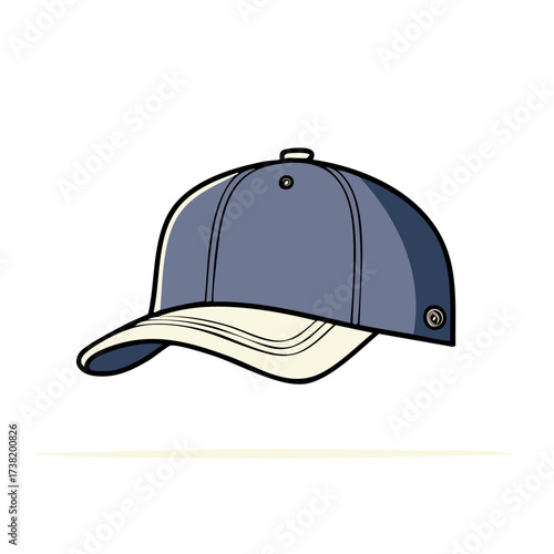 Simple vector illustration of a blue baseball cap with a curved brim and off white lining