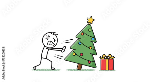 Stick figure intensely disliking leaning Christmas tree and a single gift box