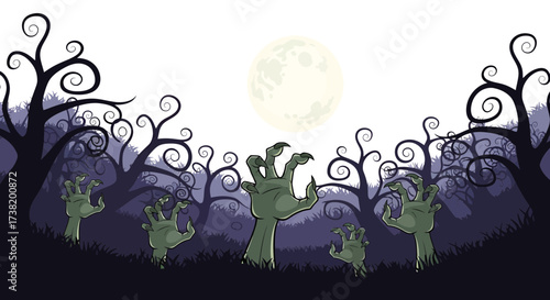 Spooky Halloween Night with Zombie Hands Rising from the Ground amidst Twisted Trees