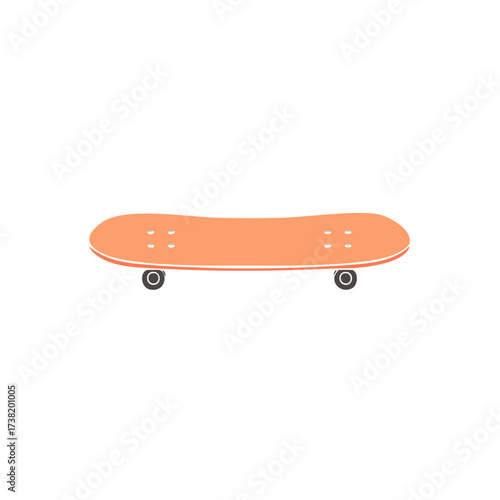 Orange skateboard with white outline and dark wheels isolated on white background