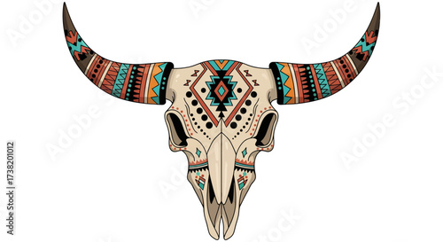 Stylized bovine skull adorned with vibrant indigenous-inspired geometric patterns