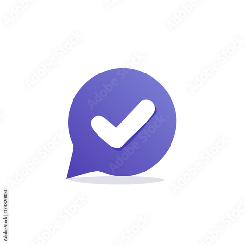Purple speech bubble with white checkmark icon representing success confirmation or verification