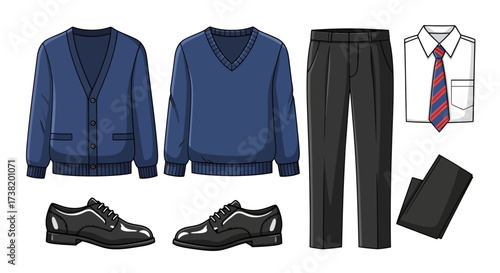 Stylized cartoon illustration showcasing complete men's office or school uniform ensemble