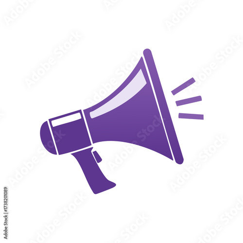 Gradient purple megaphone illustration with three sound waves, loud announcement and communication
