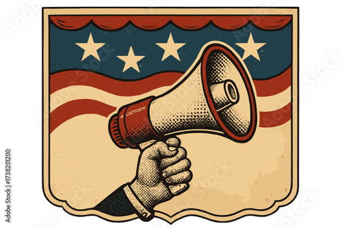 Vintage 4th of July patriotic banner with halftone hand holding a megaphone, American flag stars and stripes, USA independence, voting and presidential election 2024 concept