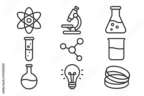 Black Outline Science and Chemistry Icons Vector Set of Microscope, Atomic Structure, Molecule, Laboratory Flasks, Test Tubes, Light Bulb and Petri Dish Symbols on Transparent Background