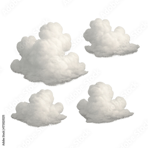 Versatile collection of fluffy white cumulus clouds, perfect as isolated design elements for weather graphics, sky backgrounds, or creative atmospheric visual projects