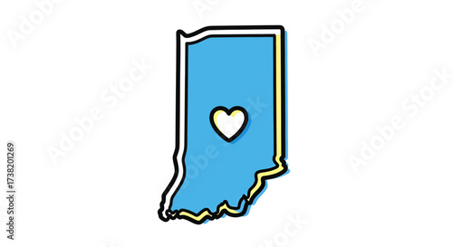 Stylized Indiana state outline with loving heart symbol, expressing fondness and belonging within