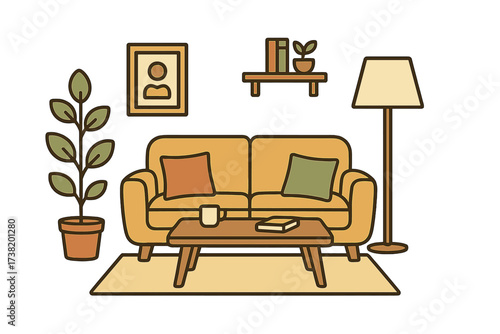 Cozy living room interior vector illustration with yellow sofa, wooden coffee table, floor lamp, potted plants, wall shelf with books, framed picture, and home decoration elements in warm earth tones