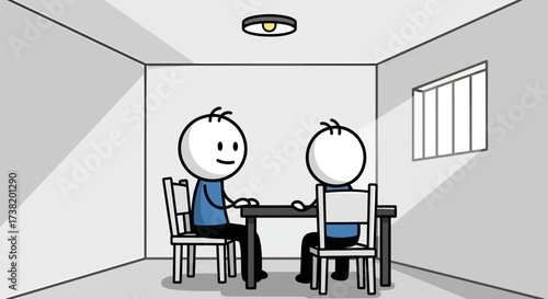 Stylized interrogation scene featuring stick figures in a minimalist room setting