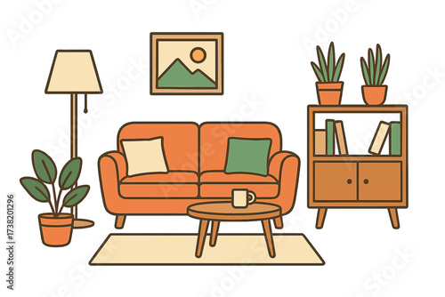 Cozy modern living room interior vector illustration with orange sofa, wooden coffee table, bookshelf with plants and books, floor lamp, and framed landscape art on transparent background