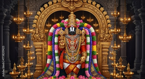 Traditional Hindu Deity Statue Adorned with Colorful Flowers and Intricate Jewelry in Ornate Temple Setting