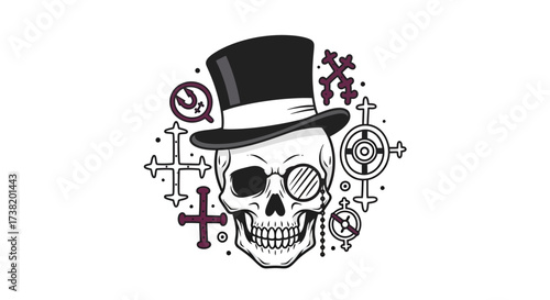 Stylized skull design wearing a hat and monocle surrounded by symbolic elements