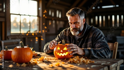 Carved pumpkin with candle inside on wooden table, man with beard, serious expression, carving in rustic barn, warm sunlight creating cozy atmosphere. Concept of Halloween creativity.