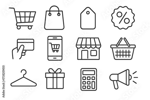 Shopping line icon set for e-commerce and retail business. Vector symbols for online store, mobile payment, discount, and marketing concept. Includes cart, bag, tag, and gift.