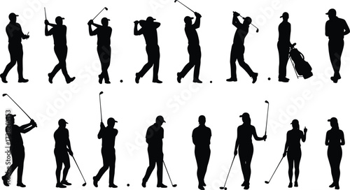 Golf silhouettes, swing technique, sports posture, golf players, athletic motion, club handling, outdoor activity, golfing stance, professional golf, dynamic movement