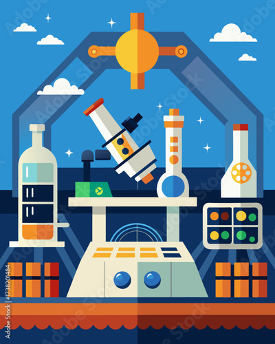 Aboard the vessel a lab filled with solarpowered microscopes centrifuges and other equipment used for analysis and research.. Vector illustration