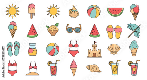 Summer vacation vibrant collection of icons illustrating leisure and relaxation on the beach