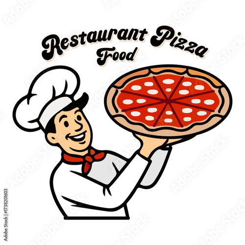 Cartoon illustration of a smiling Italian pizza chef with a mustache and hat, holding a delicious gourmet pizza, chef, cooking, food, restaurant, delicious, pizzeria, vector, illustration.