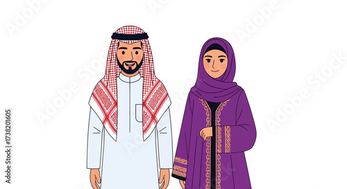 Traditional arab couple illustration, showcasing cultural attire and elegance of middle eastern